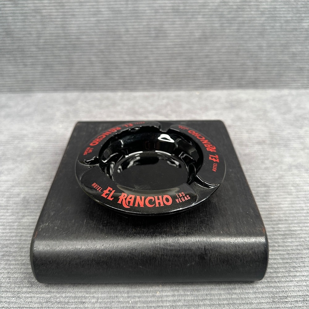 Vintage Hotel El Rancho Las Vegas Black Glass Ashtray Red Logo Tobacciana 4 Inch